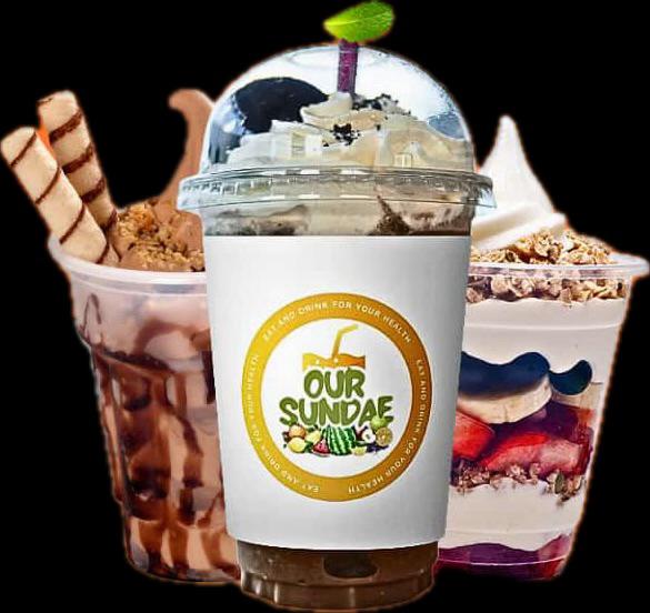 Trois desserts et boissons Our Sundae avec le logo original